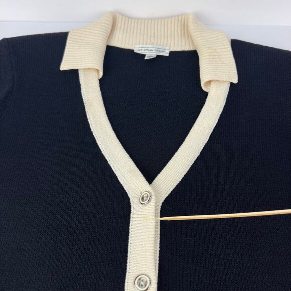 St John Sport Wool SANTANA Knit Black Cream Texture Button Front Long Cardigan M - Picture 13 of 13